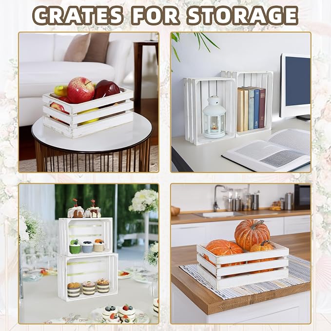 5-Piece Rustic White Wooden Crates Set, Wall Mountable Slatted Storage Crates with Handles, Farmhouse Wooden Crates for Display & Organizer for Home Decor - Image 7