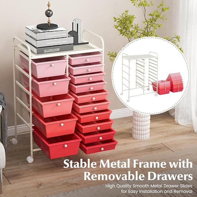 RELAX4LIFE 15-Drawer Storage Drawer Carts - Mobile Rolling Utility Cart w/Wheels, Craft Organizer for Classroom Organization and Storage, School, Office, Home, Storage Organizer Cart (Gradient Pink) - Image 5