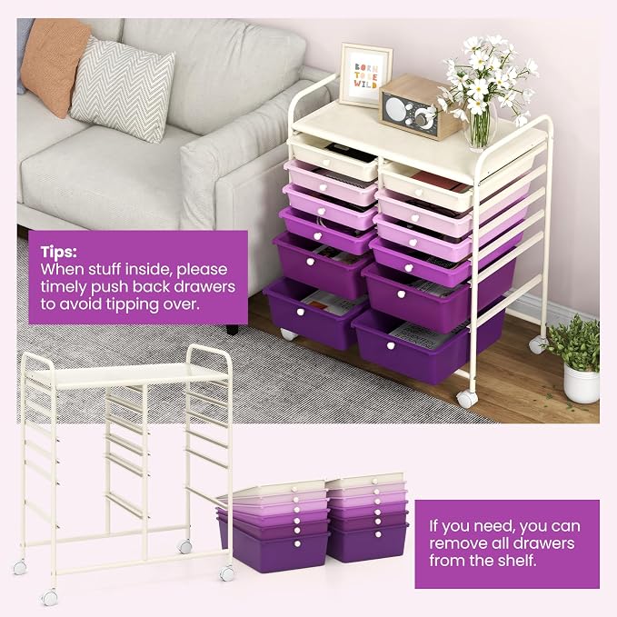 Giantex 12 Drawers Rolling Storage Cart, Classroom Organizers with Wheels for Tools Scrapbook Craft Paper Teacher Office School Supplies (Purple Gradient) - Image 5