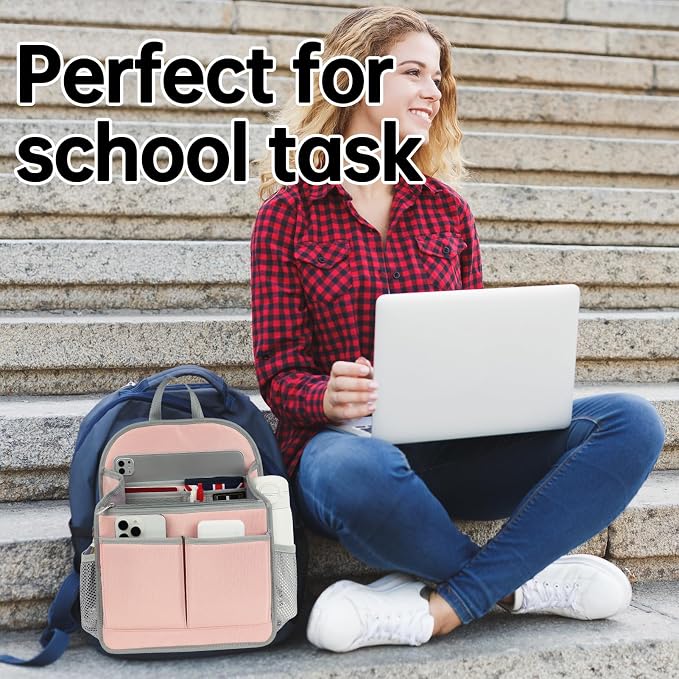 Large Premium Wider Rugged Backpack Organizer Insert for Men Women Work Travel -19 Pockets, Padded Nylon-Pink - Image 9