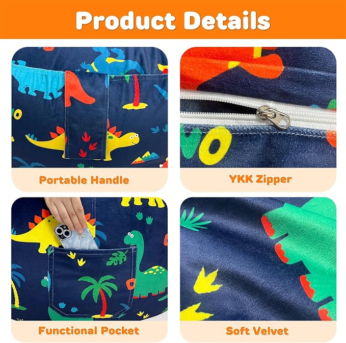 Lukeight Dinosaur Bean Bag Chair for Kids Teens Adults, Memory Foam Filled Floor Lounger, Washable Velvet Cover with Inner Liner, Beanbag Chair with Filling for Gaming and Reading, X-Large 30"D x 18"H - Image 4