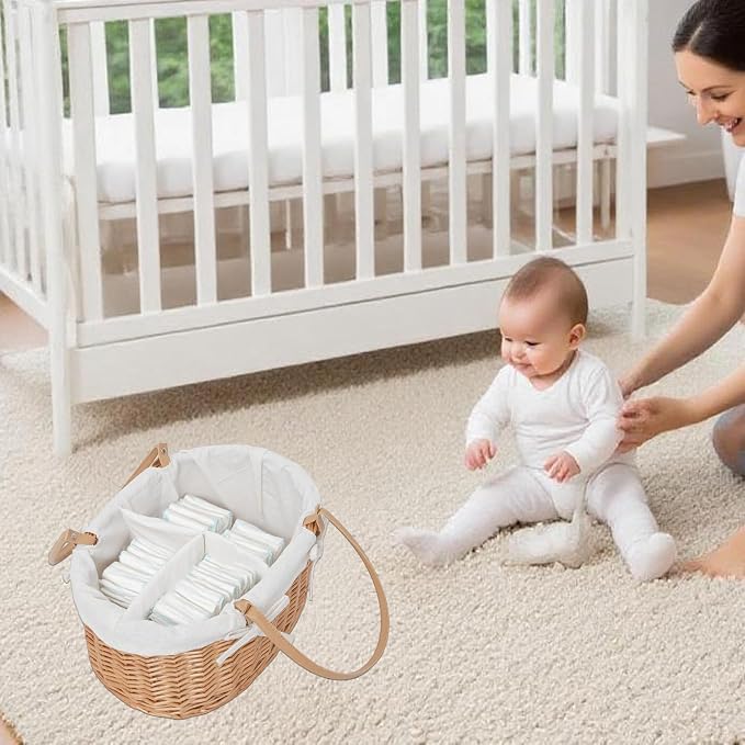Wicker Diaper Caddy basket,Woven Baby Organizer for Nursery | Detachable Lining basket with PU Handles - Natural Woven Caddy for Newborn Bath, Closet & Registry Gifts - Image 4