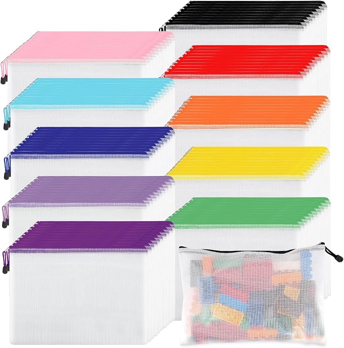 EOOUT 100pcs Mesh Zipper Pouch, A4 Size, 10 Colors Zipper Bags for Organizing Storage, Waterproof Puzzle Bag, Zipper File Bags for Board Games and School Office Supplies by EOOUT