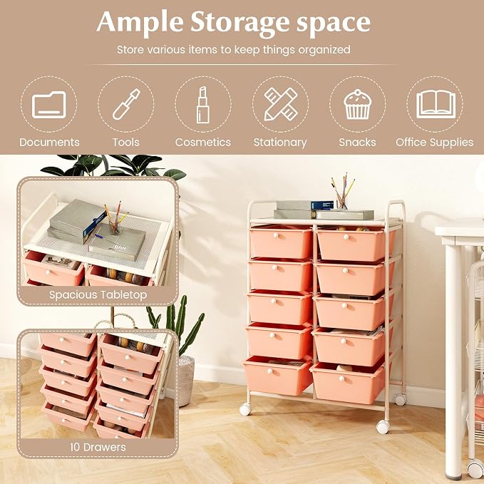 RELAX4LIFE 10-Drawer Rolling Storage Cart - Mobile Craft Art Supply Storage Organizer for Tool Scrapbook Paper Salon, Office School Classroom Teacher Rolling Cart with Drawers, Utility Cart on Wheels - Image 4