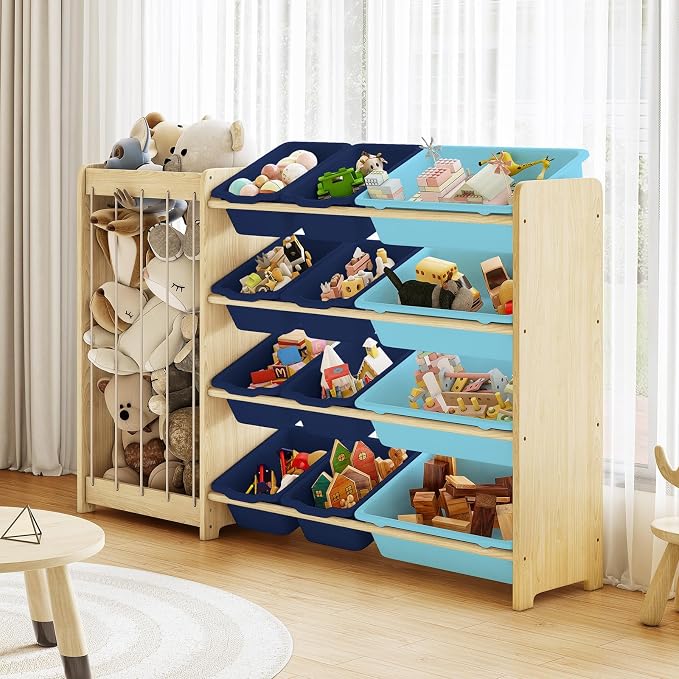 EXPERLAM Kids Toy Storage Organizer, 2-in-1 Stuffed Animal Storage & Toy Organizer w/12 Bins, Solid Wood Toy Rack Featuring Thicker Elastic Ropes, Playroom Nursery Bedroom Storage, Blue - Image 8