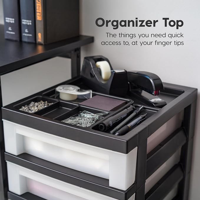 IRIS USA 6-Drawer Rolling Storage Cart with Organizer Top, Black/Pearl | Keep classroom supplies, teacher essentials, craft materials, and learning tools organized with easy-access drawers. - Image 6