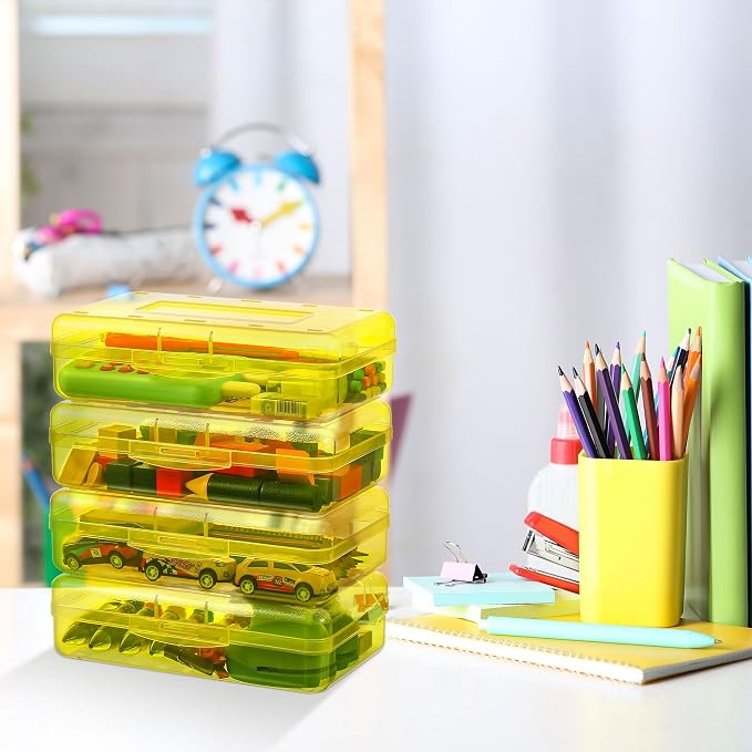 Fainne 24 Pack Clear Plastic Pencil Box,Yellow | Stackable Organizer for School Supplies, Large Case for Crayons Markers, Snap-lid Keeps Stationery Secure, Bulk Set - Image 4
