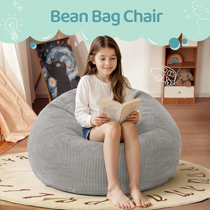 2FT Bean Bag Chair: 2' Small Bean Bags with Memory Foam Filled | Beanbag Chairs with Handle,Teardrop Bean Bag Sofa with Corduroy Machine Washable Cover for Living Room,Bedroom-Light Grey - Image 3