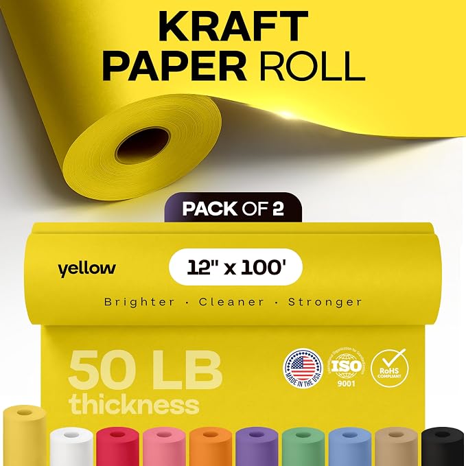12" x 1200" (100 ft) Yellow Kraft Paper Roll, Pack of 2 - USA-Made Quality Craft Paper for Gift Wrapping, Kids' Arts & Crafts, School Projects - 100% Recycled, 50 lb Natural Material by IDL Packaging - Image 4