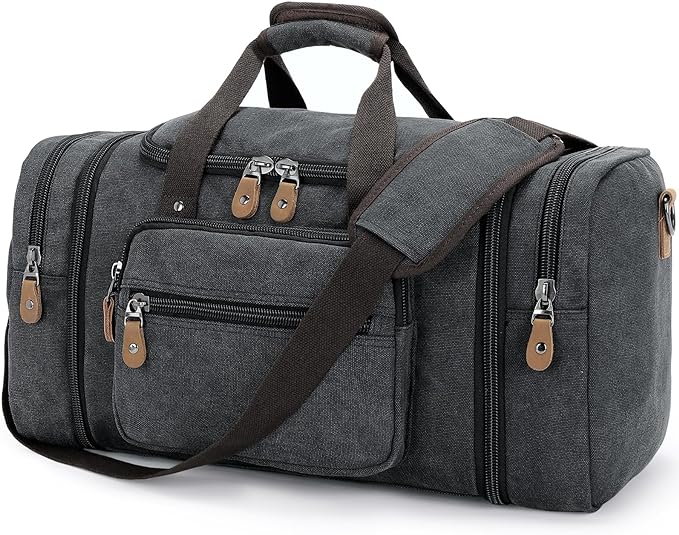 Gonex Canvas Duffle Bag, Expandable 50L Travel Overnight Weekender Bag | Multiple Pockets, Carry-On Size, Durable Zippers, Detachable Strap, for Men & Women, Dark Gray by Gonex