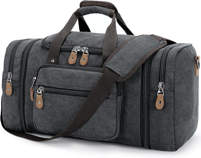 Gonex Canvas Duffle Bag, Expandable 60L Travel Overnight Weekender Bag | Multiple Pockets, Carry-On Size, Durable Zippers, Detachable Strap, for Men & Women, Dark Gray by Gonex