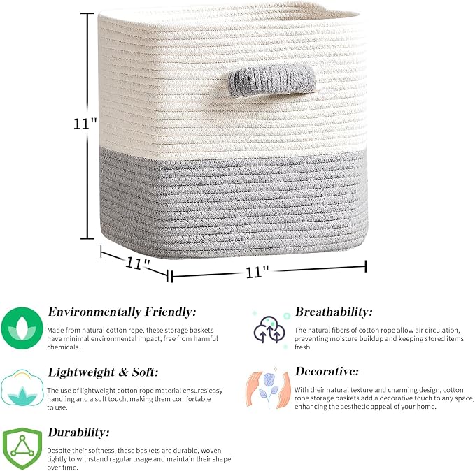 R RUNKA Storage Cube Baskets for Organizing- 3 Pack- 11 inch Square Baskets for Cube Storage, Closet Storage Bins- Woven Cube Storage Bins for Shelves- Ideal for Toy Storage |White & Grey - Image 2