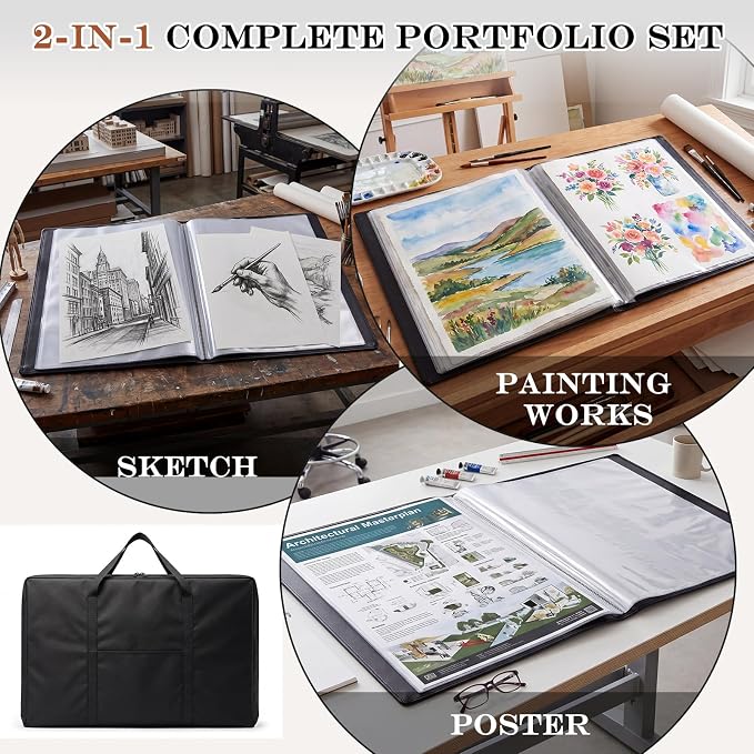 Lewtemi Art Portfolio Case Set, 18" x 24" Binder with 60 Pages Plastic Sleeves and 24" x 36" Waterproof Art Portfolio Tote Bag, Artwork Storage and Presentation for Students and Artists - Image 5