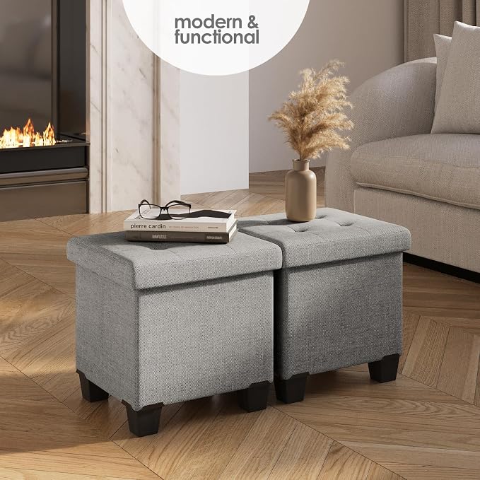 Storage Ottoman Cube with Small Bin, 15-in Square Ottoman with Storage for Living Room and Bedroom, Small Ottomans Foot Rest, Fabric Foot Stools Ottomans Max 330lbs, Light Grey - Image 2