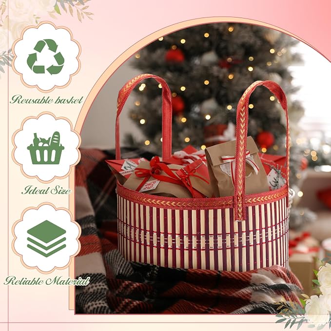Weysat 12 Set Baskets for Gifts Empty Bulk, Large Woven Bamboo Gift Basket Kit with Handles, Bow, Wrap Bag to Fill for Raffle Thanksgiving Day Wedding Birthdays Party Wrapping (Red) - Image 4