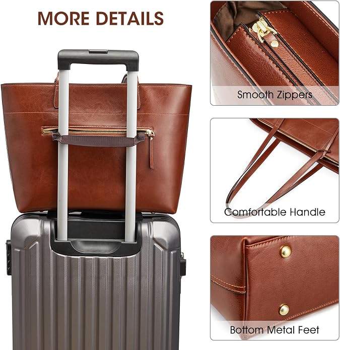 Kattee Vintage Genuine Leather Work Tote for Women | Spacious interior with a zip compartment for organized work, travel, and everyday essentials. - Image 7