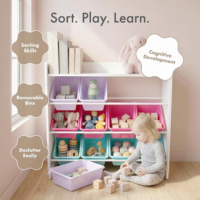 Humble Crew Kids Toy Organizer with Display Shelf, 9 Bins, 3 Tier Storage | Sturdy wood and steel toddler shelf, removable BPA-free containers, wall anchor anti-tip safety kit for bedroom or classroom - Image 7
