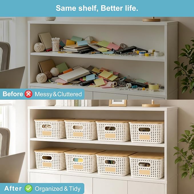 Small Plastic Storage Bins with Bamboo Lids 5.2qt Stackable Box Basket Pantry Decorative Containers Cute with Labels for Organizing Desktop Closet Office Cream White of 6 packs 10*7.2*4.1" - Image 7