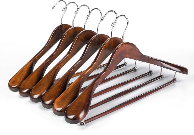 Luxury Wide Shoulder Wooden Hangers 6 Pack, with Locking Bar, Smooth Retro Finish Wood Suit Hanger Coat Hanger for Closet, Holds Up to 20lbs, 360° Swivel Hook, for Jacket, Dress Heavy Clothes Hangers by QualityHangers