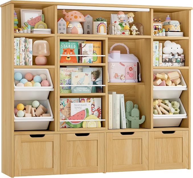 Toy Storage with Sliding Bookshelf, Toy Organizer with 4 Bins | 55.1’’ W Large Toy Storage Organizer Kids Bookshelf with 4 Movable Drawers, Toy Bins Playroom Storage for Kid Room, Natural by finetones