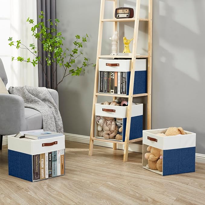 Storage Cubes, 4 Pack Linen Foldable Storage Bins (13 x 13 inch) with Clear Window and Handles, Fabric Organizer for Shelf Closet, Clothes, Books - (Navy Blue and White) - Image 6
