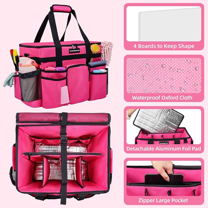 Large Rolling Cleaning Caddy Bag, Cleaning Caddy with Wheels with Detachable Trolley for Housekeepers, Water Resistant Cleaner Supplies Organizer with Wheels for Kitchen, Car, Picnic (Rose-Red) - Image 3