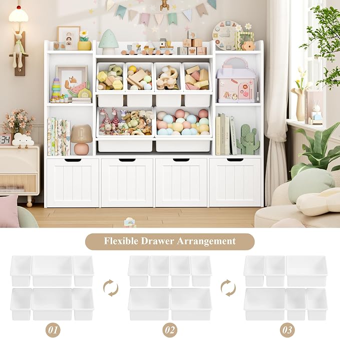 Toy Storage Organizer with Movable Drawer Toy Organizer for Kids | Large Toy Organizers and Storage with 6 Storage Cubbies, Kids Toy Storage and Toy Chest for Playroom and Kids Room, White - Image 3