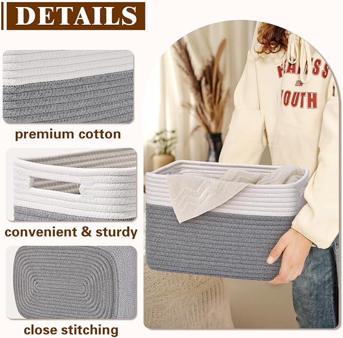 Storage Baskets for Organizing, 4 Pack Baskets for Shelves, Decorative Storage Bins for Shelves, Cotton Rope Storage Basket with Handles, Woven Basket for Storage, 13''Lx8.7''Wx7.9''H, White & Gray - Image 5