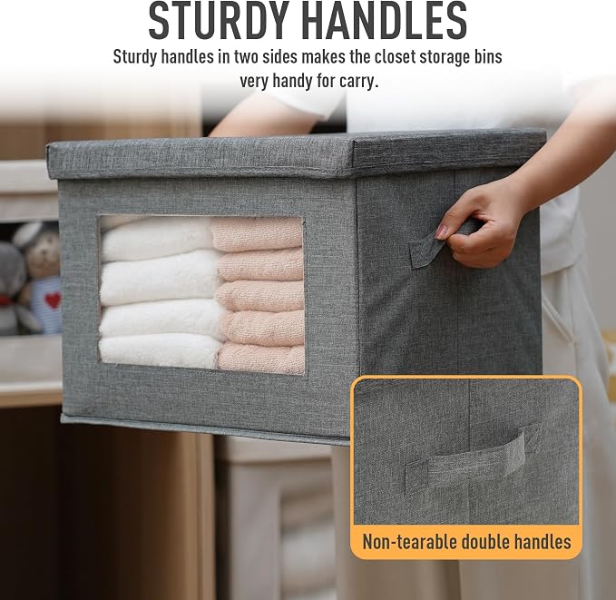2-Pack Large Storage Bins with Lids & Clear Window, Foldable Fabric Closet Organizer Boxes, Stackable Cube Baskets with Soft Handles for Clothes & Blankets, 17”, Grey - Image 4
