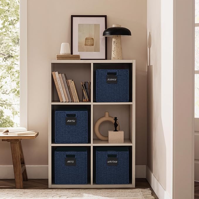 UBBCARE 2 Pack Wicker Basket, 10.5×10.5 Storage Cubes with Label, Foldable Cube Storage Bin with Handle, Square Storage Basket for Shelves, Woven Paper Rope Basket for Organizing, Blue - Image 4