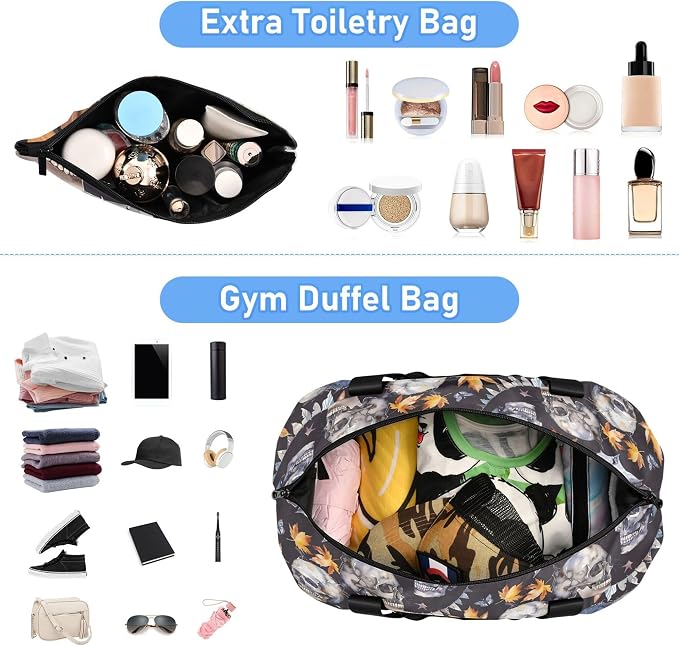 Travel Duffel Tote Bag Skull and Bat Leaf Sports Duffel Bag with Wet Pocket Weekender Overnight Bag for Women Men Gym Bag, Carry On Bag Hospital Bag for Labor and Delivery - Image 5
