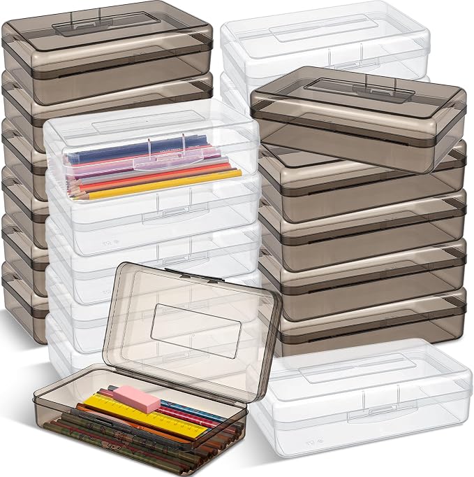 Patelai 24 Pack Pencil Box for Kids 8.3x4.7x2.4 Plastic Clear Pencil Case Bulk Crayon Boxes with Snap Tight Lids for Classroom School Students(Black) by Patelai