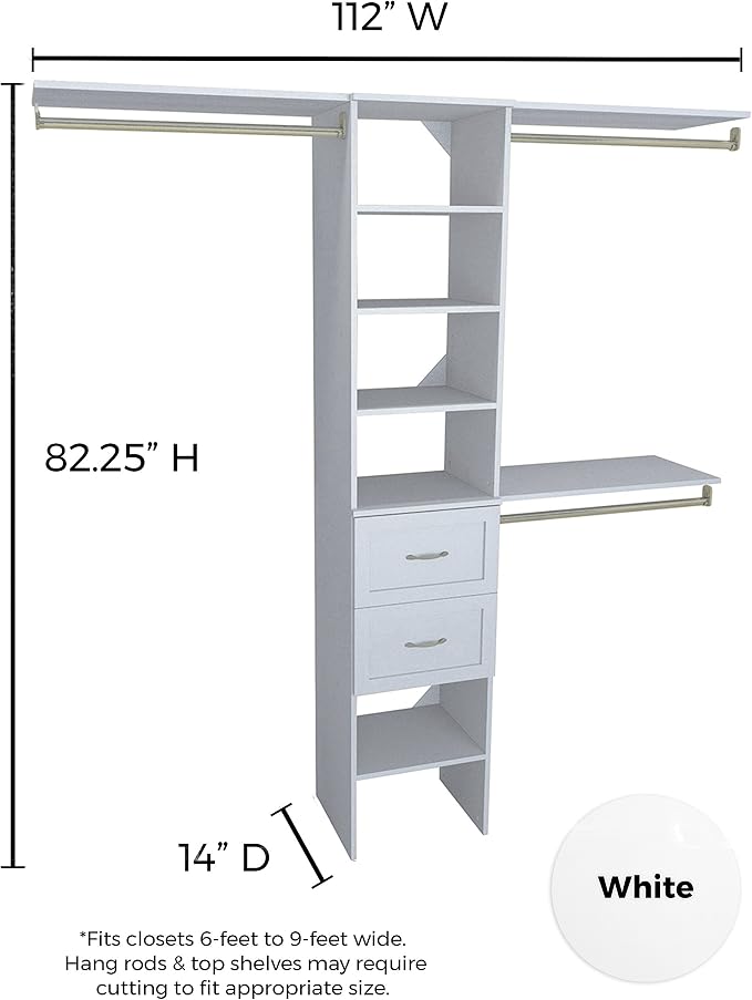 ClosetMaid SuiteSymphony Closet Organizer with Shelves and 2 Drawers, 16-Inch-Pure White - Image 7