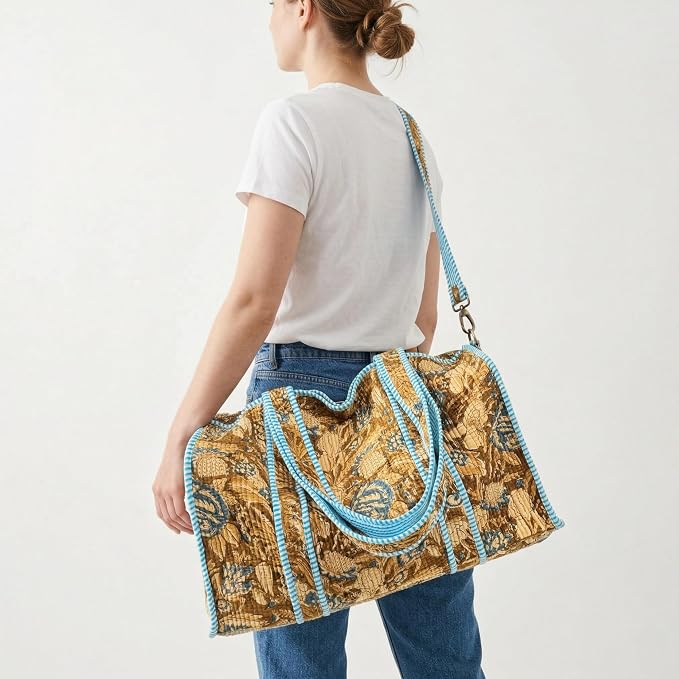 ATOSII Large Duffle Bag, Handblock Print 100% Quilted Cotton for Overnight Trip, Travel Weekender, Luggage, 2 Pockets with Zipper, 1 Front Pocket, Detachable Long Strap, 20 X 10 X 12 Inches, Sienna - Image 3