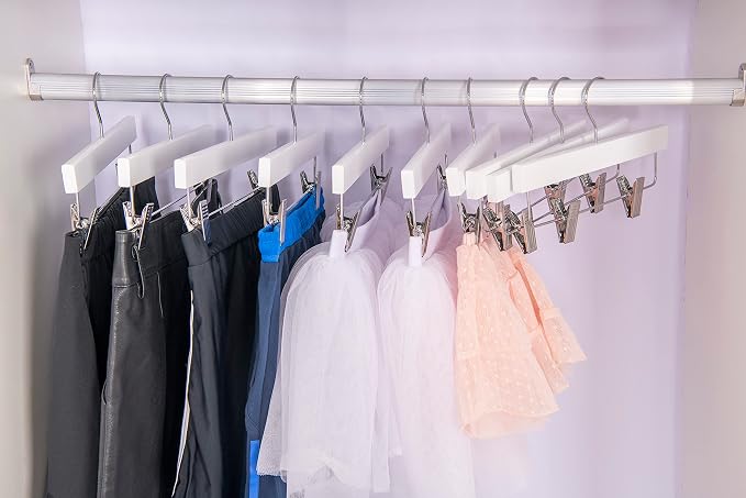 Quality 11 Inches Kids Wooden Pants Hangers 20 Pack - Skirt Hangers with Adjustable Metal Clips 360° Swivel Chrome Hook & Nonslip Notches- Ideal for Clothes Size 8 and Smaller (White, 20) - Image 3
