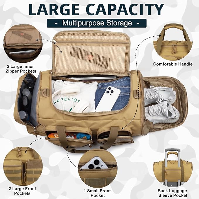 Tactical Gym Bag for Men,70L Large 3-in-1 Sports Duffle Bag for Travel Gym | Water Resistant ,Adjustable Shoulder Strap,MOLLE Weekender Overnight Bag with Shoes Compartment,Gym Backpack for Gym,Travel - Image 3