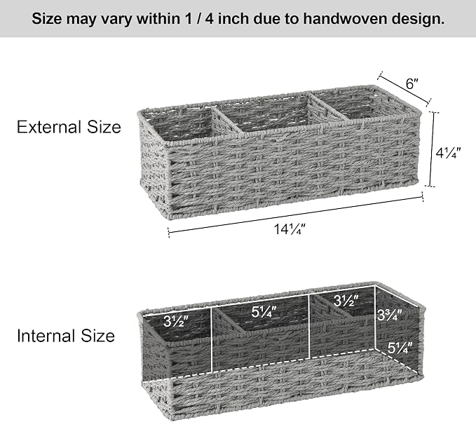 StorageWorks Toilet Paper Basket, Paper Rope Woven Toilet Tank Basket, Gray | Wicker Basket, Toilet Paper Storage for Back of Toilet Tank, Woven Baskets for Shelves, Wicker Baskets with 3 Compartments - Image 6