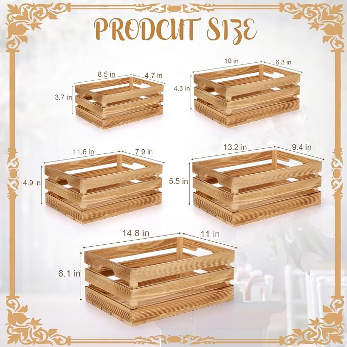 Soaoo 5 Pcs Decorative Nesting Wooden Crates for Storage Display 5 Size Large Small Rustic Wood Decorative Storage Crates with Handle Farmhouse Crate Box Container Made from Pine(Classic Color) - Image 2