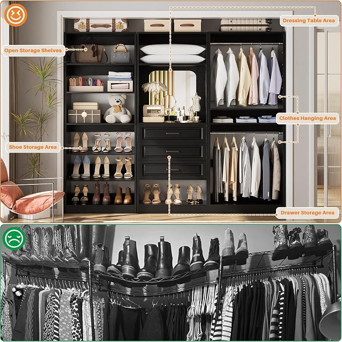 Unikito 75" Modular Closet System with 3 Sets, Mirror & Drawers, Black | Hanging Rods & Adjustable Shelves, Freestanding Wood Wardrobe Garment Rack, Walk in Tower Clothes Storage Organizer Unit - Image 5