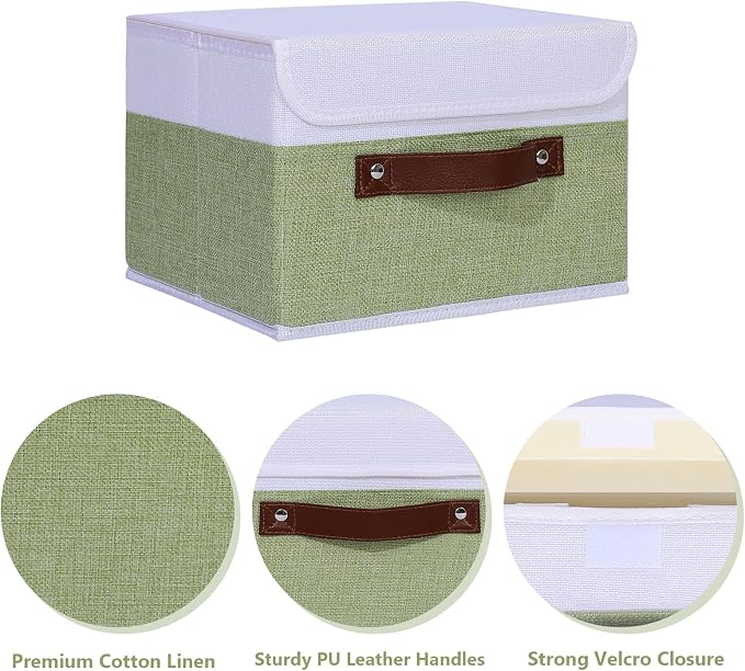 ANMINY Fabric Storage Box Bins with Lids, Green White, 13"x9"x7.9" | Keepsake Memory Storage, Cotton Linen, PP Board Reinforced, Washable, PU Handles, Foldable & Stackable, Decorative, Medium - Image 2
