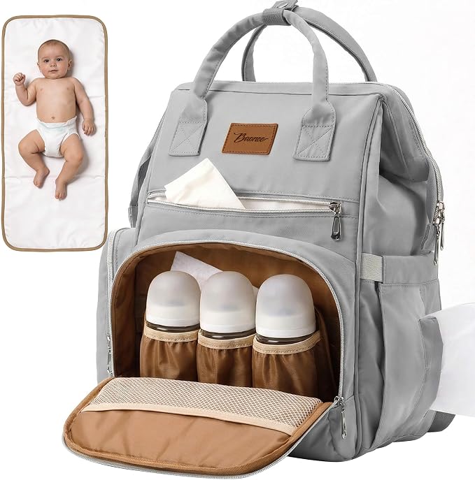 Diaper Bag Backpack with Wet/Dry Pocket, Changing Pad, 27L Grey | 14 Pockets, 3 Insulated Bottle Pockets & Rear Opening for Organizing, Stroller Straps & Luggage Sleeve for Travel by Unknown