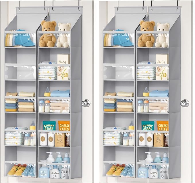 AOODA 4 Pack Over the Door Organizer, Large Capacity Closet Door Hanging Organizer, Clear Deep Pockets Baby Organizer Storage for Nursery, Bathroom, Bedroom, Pantry, Diapers (Grey) by AOODA