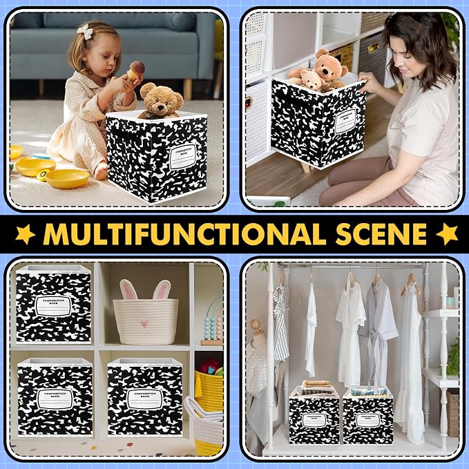 Demonwer 6 Pcs 11 Inch Fabric Storage Bins Notebook Themed Cubby Basket Bins with Handles Notebook Storage Containers for Back to School Decorations Office Home Organizer Supplies - Image 7