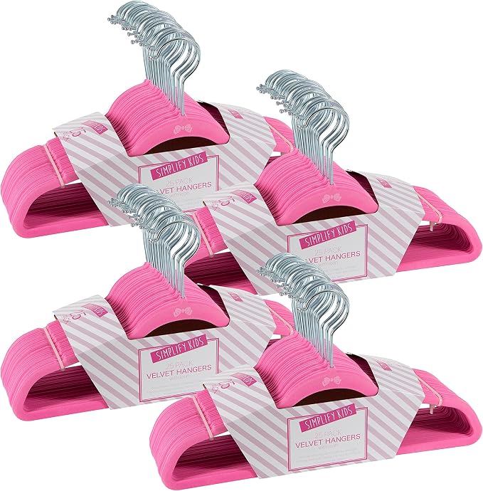 Simplify 100 Pack Kids Velvet Hangers | Slim | Non-Slip Design | Space Saving | Childrens Clothes | Shirts | Pants | Dresses | Baby Nursery | Closet Storage & Organization | Pink by Simplify
