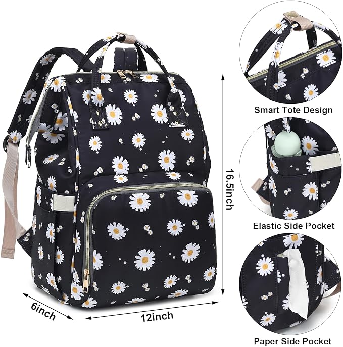 Daisy Baby Diaper Bag Backpack for Girls Boys, Waterproof Large Maternity Nappy Bags for Mom (Black) - Image 5