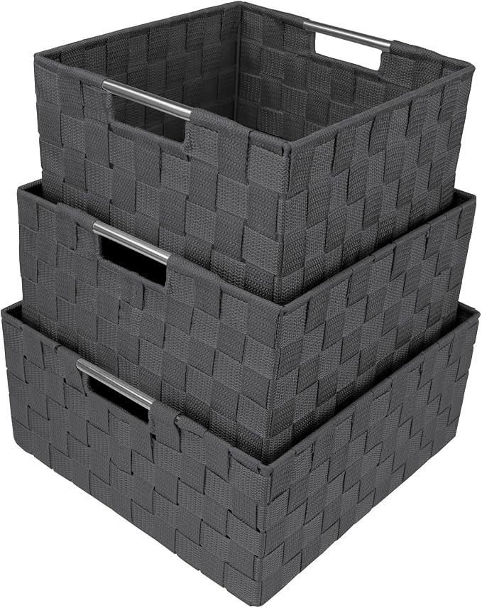 Sorbus Storage Box Woven Basket Bin Container Tote Cube Organizer Set Stackable Storage Basket Woven Strap Shelf Organizer Built-in Carry Handles (Gray) - Image 2