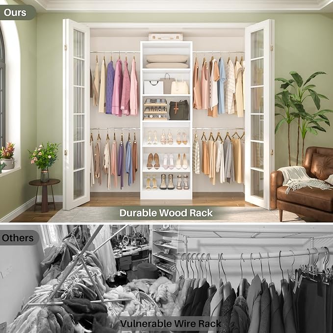 Unikito 4-8Ft Wood Closet Organizer System with Extendable Rods, White | Starter kit with tower and 4 hanging rods, walk-in closet wardrobe clothes rack with adjustable shelves, garment rack. - Image 5
