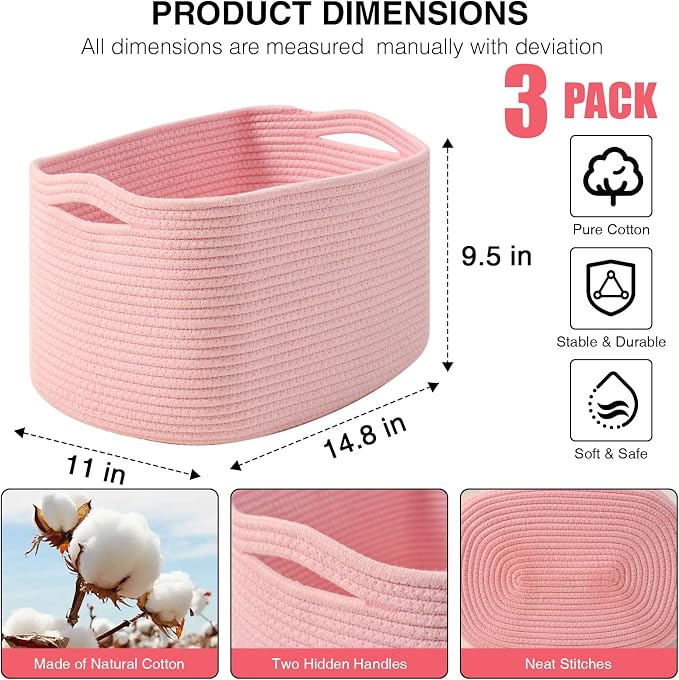 Pink Storage Baskets for Organizing Shelves, Woven Cotton Rope Baskets for Storage, Toy Basket for Kids, Cute Basket for Shelves Closet, 14.8"×11"×9.5", Pack of 3, Light Pink - Image 2