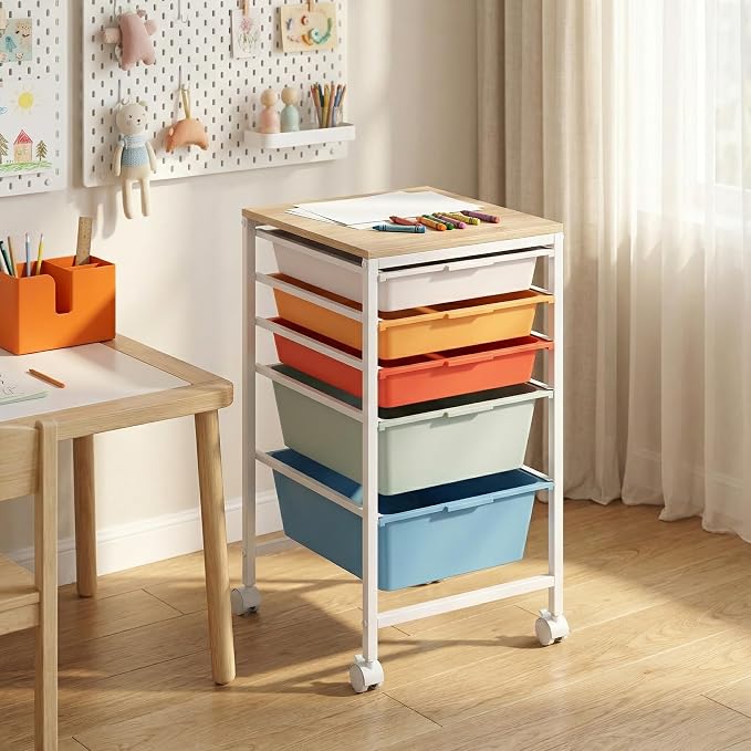 Rolling Storage Cart with 5 Drawers, Plastic Craft Organizer on Wheels with Wooden Top, Mobile Art Supply Utility Cart for Classroom, Home, Office - Image 2