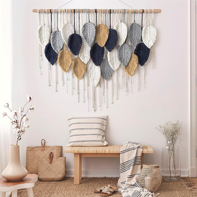 Alynsehom Large Macrame Wall Hanging, Boho Handmade Leaf Feather Bohemian Woven Tapestry, Chic Wall Art Home Decor for Bedroom Living Room Nursery Apartment Decorations(39" W x 29.5" L) - Image 2